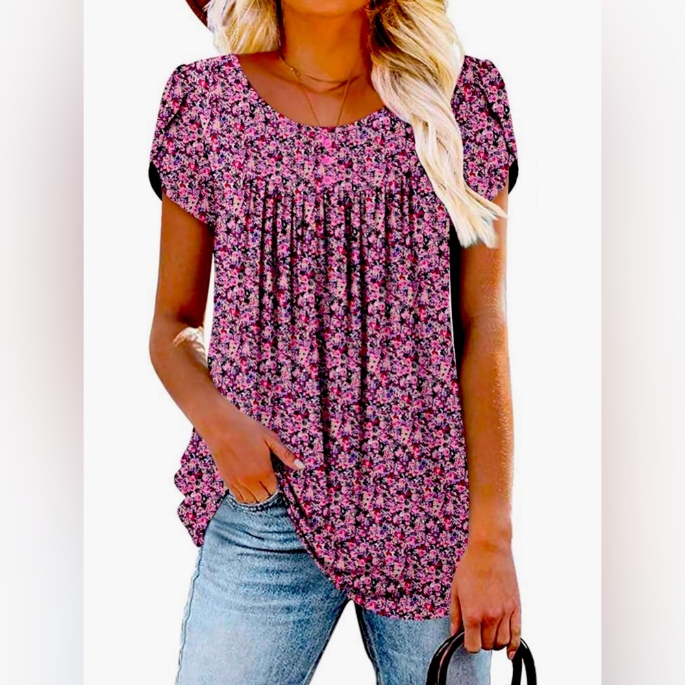 BETTE BOUTIK Women's Short Sleeve Tunic Top Flowy Flare Button Down Tunic Shirt